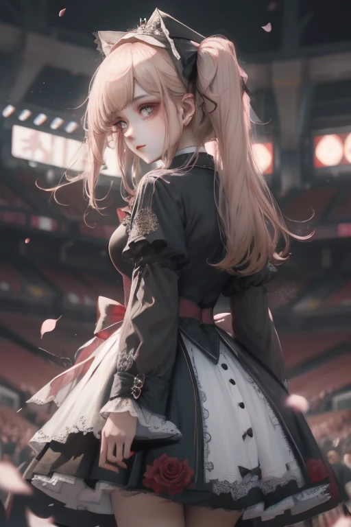 A girl battles with a Charizard in a stadium, with the Charizard looking handsome (looking at the audience), wearing a red gothic Lolita hat. The girl has a beautiful face, with strikingly detailed eyes, and dark eyeshadow. She has fair skin, and blonde hair with twin tails. The scene is enhanced by the presence of rose petals and intricately designed fishnet stockings. The image is of the highest quality, with flowing and dynamic elements. There is one girl in the picture, with bright eyes that captivate the viewer. The girl exudes both a refreshing and tragic beauty, with a stunning front and back view. Her clothes feel silky and soft to the touch. The girl is an 18-year-old Taiwanese beauty.