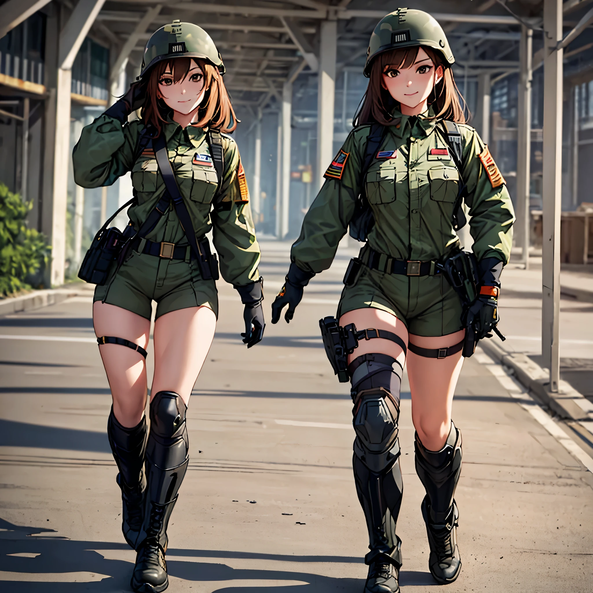 A woman wearing modern United States uniform, long sleeve shirt, current US army pants, black boots, modern army helmet with L3Harris GPNVG-18, walking in an army headquarters, blurred background, full body, smiling, hair long black, green fringe. Brown eyes,drop shadow, anaglyph, stereogram, tachi-e, point of view, atmospheric perspective, 8k, superdetail, accurate, best quality, award-winning, textured skin, high resolution, anatomically correct, bokeh effect, ((woman solo).
