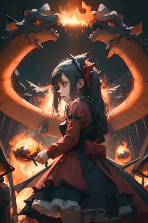 A girl fights Charizard, Charizard looks handsome, the girl is wearing a red gothic lolita hat (looking at the audience). Charizard breathes fire