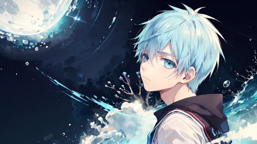 ((highest quality, super detailed,detailed eyes:1.3)),(((total 1 boy:1.2))),cool face,light blue hair,short,hair,light blue eyes,kuroko tetsuya,BREAK(basketball uniform:1.2)BREAK(aqua blue aura background:1.1)BREAK,(from side,cowboy shot,face focus:1.1),(boy on right:1.5),(looking at viewer:1.4)