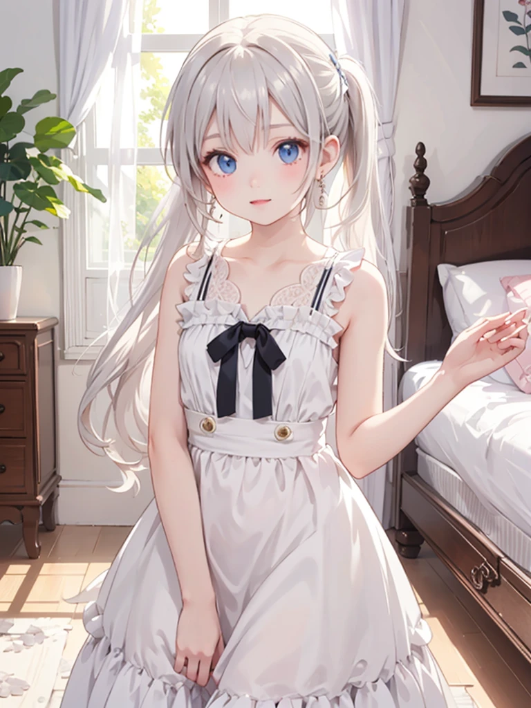 masterpiece, best quality, 1 girl, solo,4 years old, small breasts, Perfect Face, beautiful, nice, anime, girl, tradition, ph Bronya, Earrings, dress,long ponytail, bedroom,