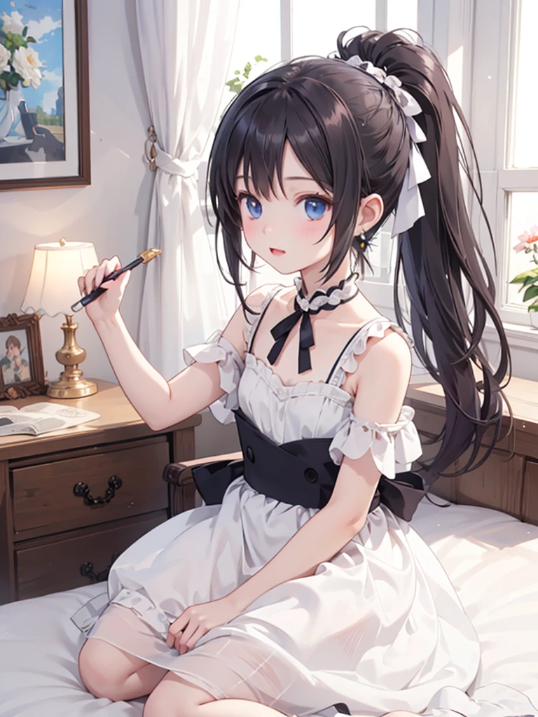 chef-d&#39;œuvre, meilleure qualité, 1 fille, seulement,4 ans, petits seins, visage parfait, Beau, Bon, Anime, fille, tradition, ph bronya, des boucles d&#39;oreilles, robe,Longue queue de cheval, chambre à coucher,