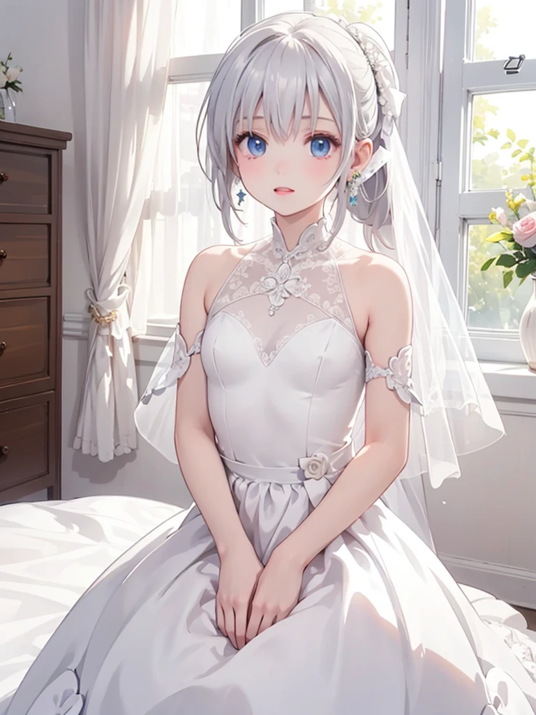 masterpiece, best quality, 1 girl, solo,4 years old, small breasts, Perfect Face, beautiful, nice, anime, girl, tradition, ph Bronya, Earrings, White wedding dress,long ponytail, bedroom,