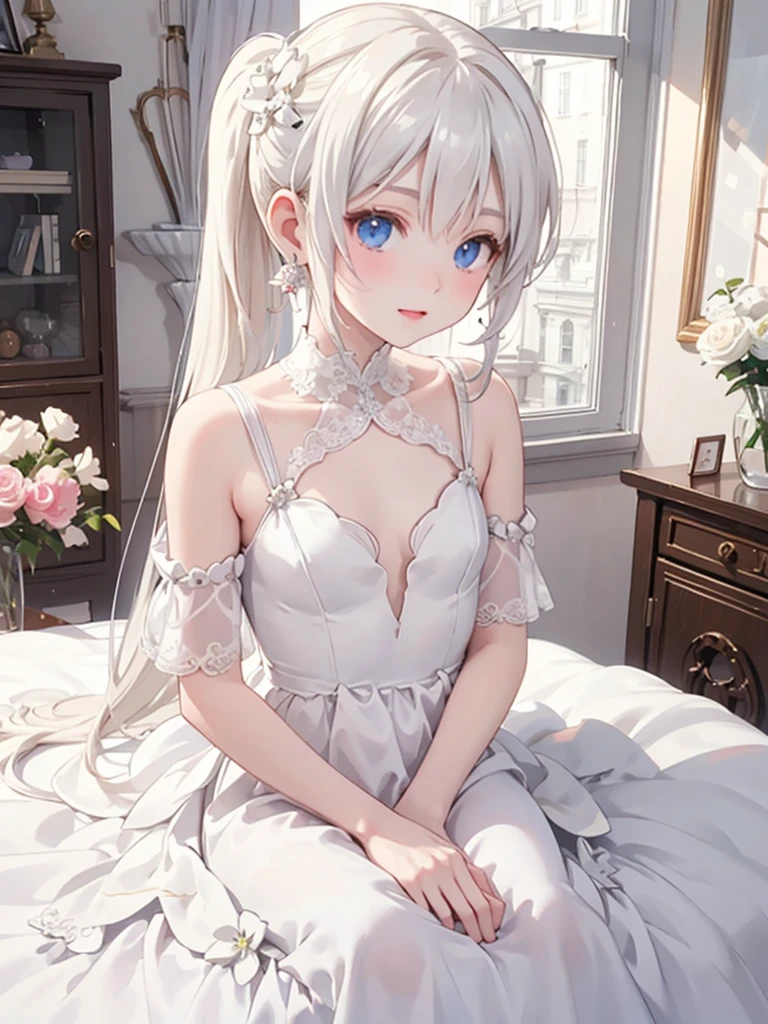 masterpiece, best quality, 1 girl, solo,4 years old, small breasts, Perfect Face, beautiful, nice, anime, girl, tradition, ph Bronya, Earrings, White wedding dress,long ponytail, bedroom,