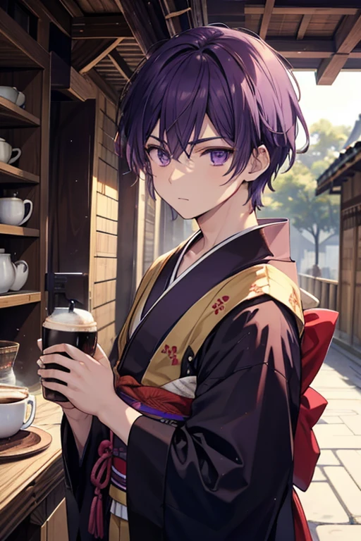 male, young, purple eyes, average stature, brown skin, for coffee,men's kimono