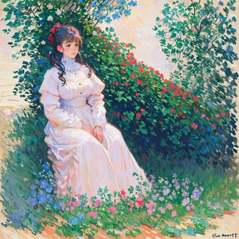 (((masterpiece, highest quality, high resolution,8k,perfect hand))),(((claude monet style))),1 girl,redhead,(smile white teeth),...