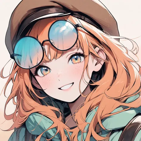 girl, pastel orange hair, pastel colors, face close up, messy hair, adventure, explorer, brown beret, big round glasses, smiling...