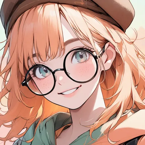 girl, pastel orange hair, pastel colors, face close up, messy hair, adventure, explorer, brown beret, big round glasses, smiling...