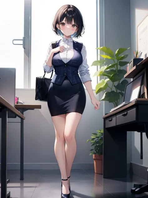 highest quality, Flying debris、Beautiful woman、officeレディー、Black Hair、(Brown eyes、Big Breasts)、short hair、チェック柄のダークブルーのofficeスーツ)...