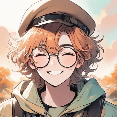 man, pastel orange hair, pastel colors, face close up, messy hair, adventure, explorer, brown beret, big round glasses, smiling,...