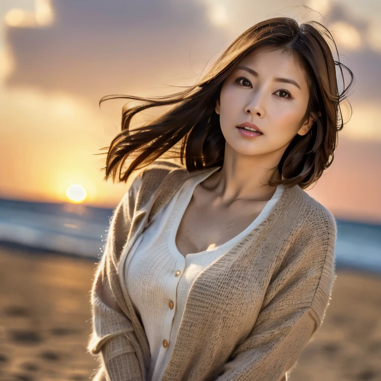 masterpiece, highest quality, High resolution, Photorealsitic, Raw photo, 8k wallpaper, perfection, Professional Lighting, Soft Light、Outdoor, Very detailed, Depth of written boundary,Sandy Beach、sunset, The sea breeze is strong、The wind is blowing((One beautiful woman, Japanese Mature)), (48yo)), Female Sexy, Detailed face, Beautiful Eyes, Shapely breasts, Boob Emphasis、I can see her cleavage、Light brown straight hair, (My hair is messed up by the wind:1.5),  (Brush your hair with one hand:1.5)、 Faint lips, ((Stand in front、Staring at the beholder、Serious face eyes。)), Clothes wide open on the chest, Shoulderless knit dress、Cowboy Shot。

