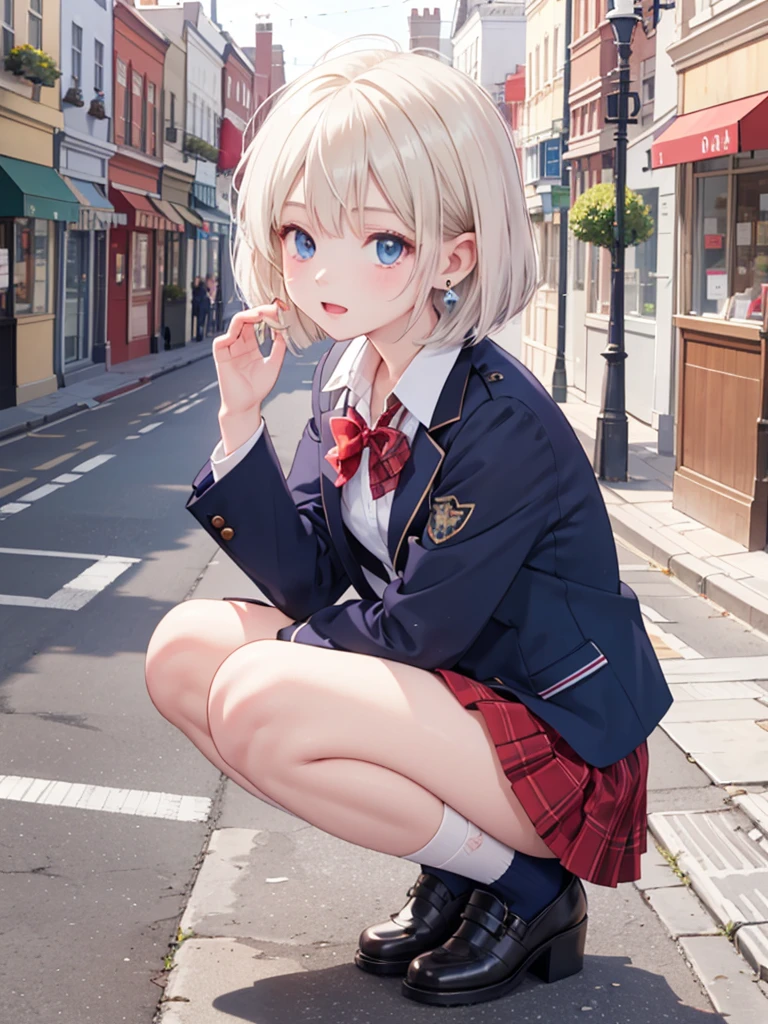 masterpiece, best quality, 1 girl, solo,4 years old, small breasts, Perfect Face, beautiful, nice, anime, girl, tradition, ph Bronya, Earrings, extra short hair, bob cut,, , collared shirt, navy blazer, red plaid pleated skirt, red bow, main street, (pantyshot:1.2), white panties, squatting
