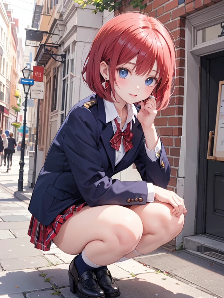masterpiece, best quality, 1 girl, solo,4 years old, small breasts, Perfect Face, beautiful, nice, anime, girl, tradition, ph Bronya, Earrings, extra short hair, bob cut,, , collared shirt, navy blazer, red plaid pleated skirt, red bow, main street, (pantyshot:1.2), white panties, squatting