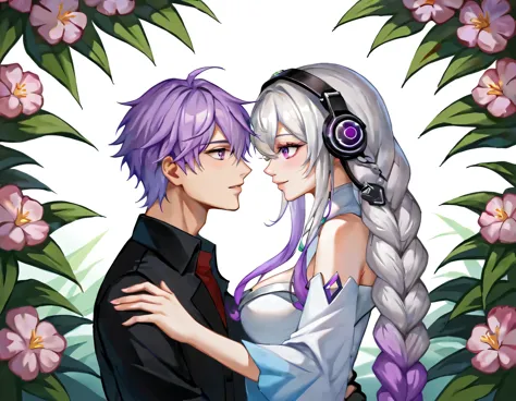 one man and one woman,couple,gradient hair color,silver-white metal decoration at the end of the braid,loving expression,off-sho...