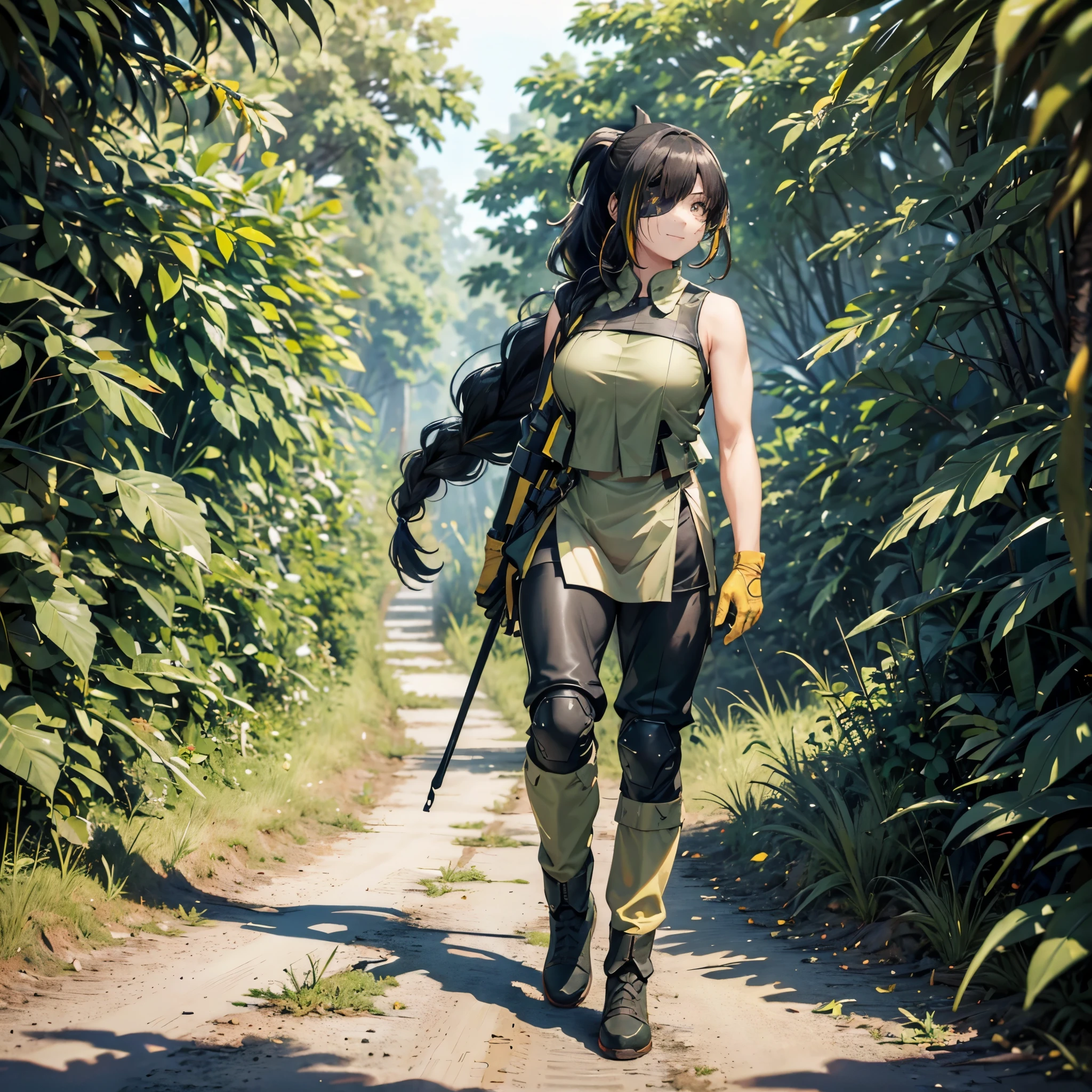 A woman wearing an American exercise uniform from the 70s, dark moss green sleeveless shirt, moss green exercise pants, black boots, black hair, ponytail hair, eye patch, yellow bangs, smiling, army helmet, muscular, holding an m16 in both hands, walking in a vietnam forest with many coconut trees, full body,stereogram, tachi-e, point of view, atmospheric perspective, 8k, superdetail, accurate, best quality, award-winning, textured skin, high resolution, anatomically correct, bokeh effect, ((woman solo).
