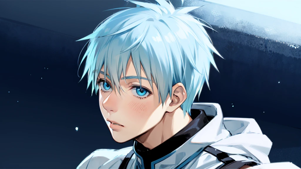 ((highest quality, super detailed,detailed eyes:1.3)),(((total 1 boy:1.2))),cute face,light blue hair,short,hair,light blue eyes,kuroko tetsuya,BREAK(basketball uniform:1.2)BREAK(aqua blue aura background:1.1)BREAK,(from side,portrait,face focus:1.1),(boy on left:1.5),(looking at viewer:1.4)