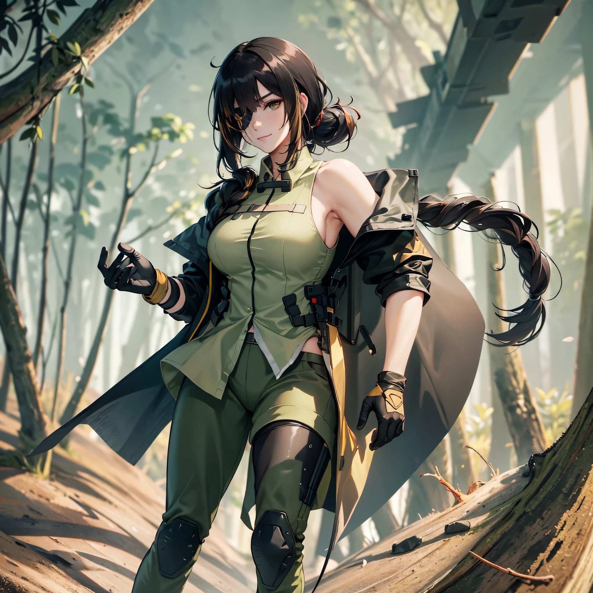 A woman wearing an American exercise uniform from the 70s, dark moss green sleeveless shirt, moss green exercise pants, black boots, black hair, ponytail hair, eye patch, yellow bangs, smiling, army helmet, muscular, holding an m16 in both hands, walking in a vietnam forest with many coconut trees, full body,stereogram, tachi-e, point of view, atmospheric perspective, 8k, superdetail, accurate, best quality, award-winning, textured skin, high resolution, anatomically correct, bokeh effect, ((woman solo).
