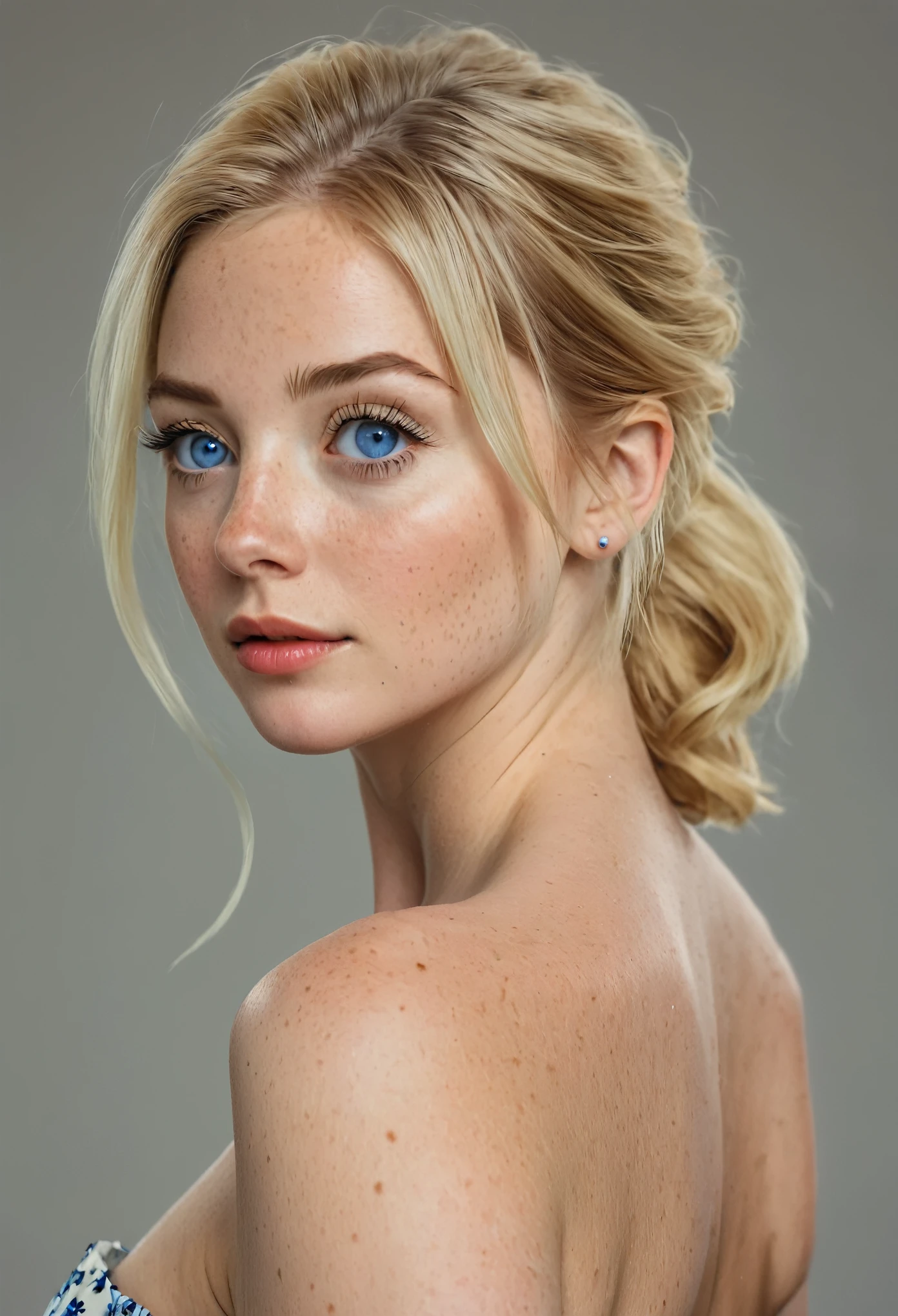 1girl, solo, looking at viewer, blue eyes, blonde hair, simple background, dress, bare shoulders, upper body, looking back, grey background, lips, eyelashes, portrait, freckles, realistic