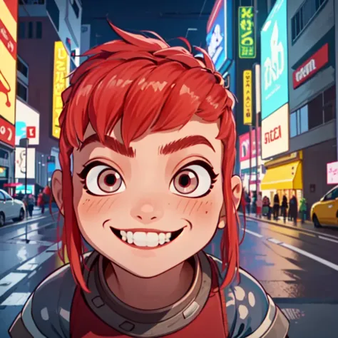 nimona, (best quality, masterpiece, 1girl, kid, solo,looking at viewer, red hair, cute mocking crazy face, smile, naughty), shar...