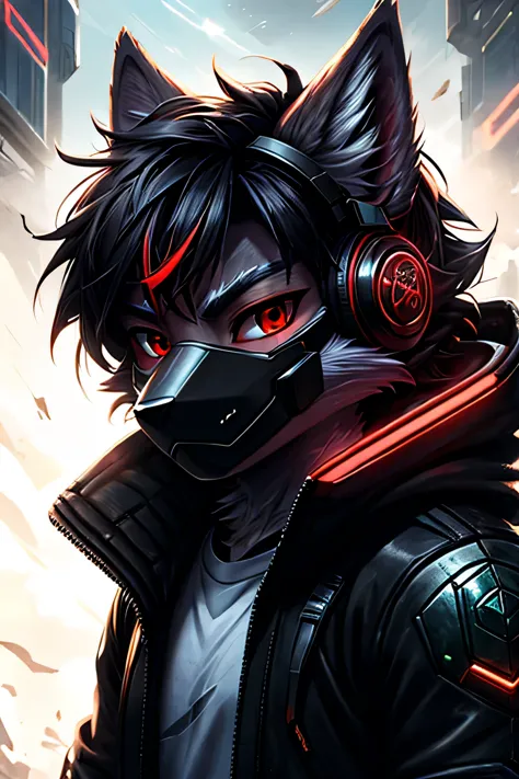 Young werewolf, white fur, wearing a black jacket with neon details, sporting a cybernetic mask, with gamer headphones, profile ...