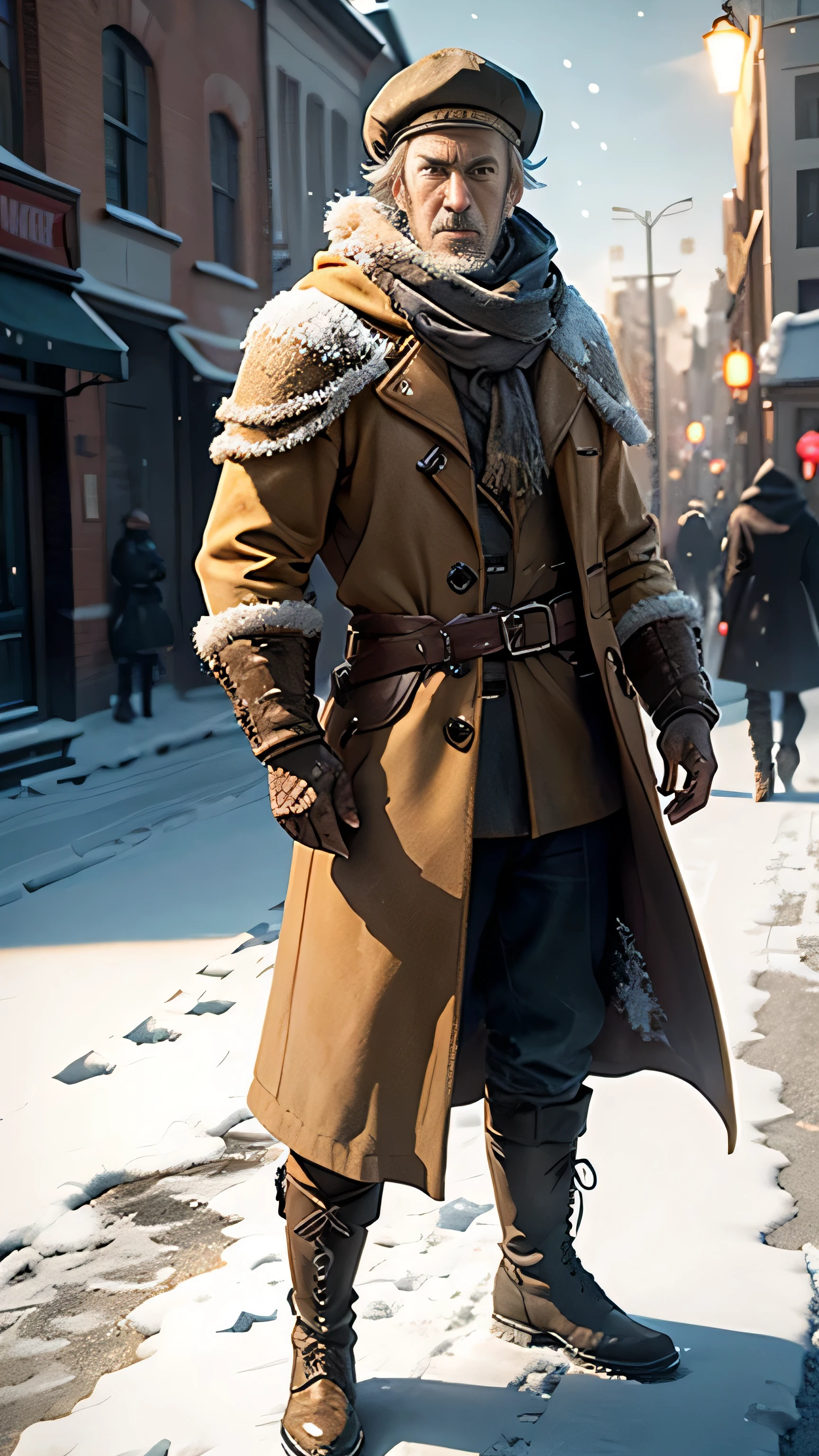 frostpunk, (Stephen Dillane) as Stannis Baratheon, yellow coat, hat, boots, standing, in a street, cold, winter, snow, (1man), (solo), (full body view), beautiful detailed glow, detailed, cinematic light, intricate detail, realistic, highres, detailed facial features, high detail, sharp focus, smooth, aesthetic, extremely detailed, stamp, octane render