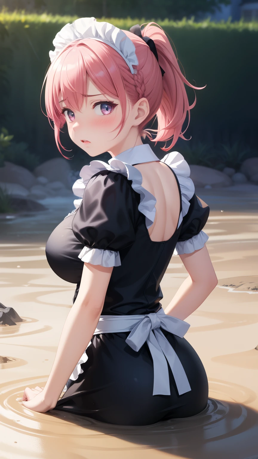1girl, natural lighting, masterpiece, highly detailed, illustration, game CG, absurdres, high quality, aichan, large breasts, beautiful detailed eyes, medium bright pink hair, ponytail, bangs, glossy lips, blush, garden, upset, (quicksand:1.2), from behind, looking back at viewer, maid, short puffy sleeves