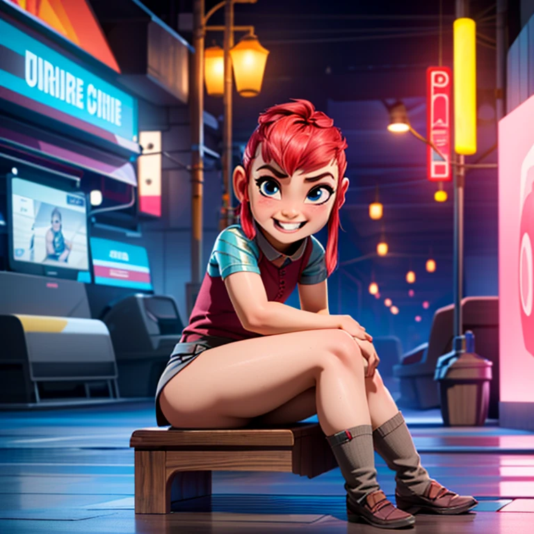 nimona, (best quality, masterpiece, 1girl, kid, solo,looking at viewer, red hair, cute mocking crazy face, smile, naughty), sharp, neon cyberpunk world background, sharp eyes, perfect eyes, rolling eyes, blush, nude body, full body, front view, looking on viewer , smiling, sitting on a bench , spread legs, flat torso ,chubby body, wide hips, pussy, shy, pussy juice , ass