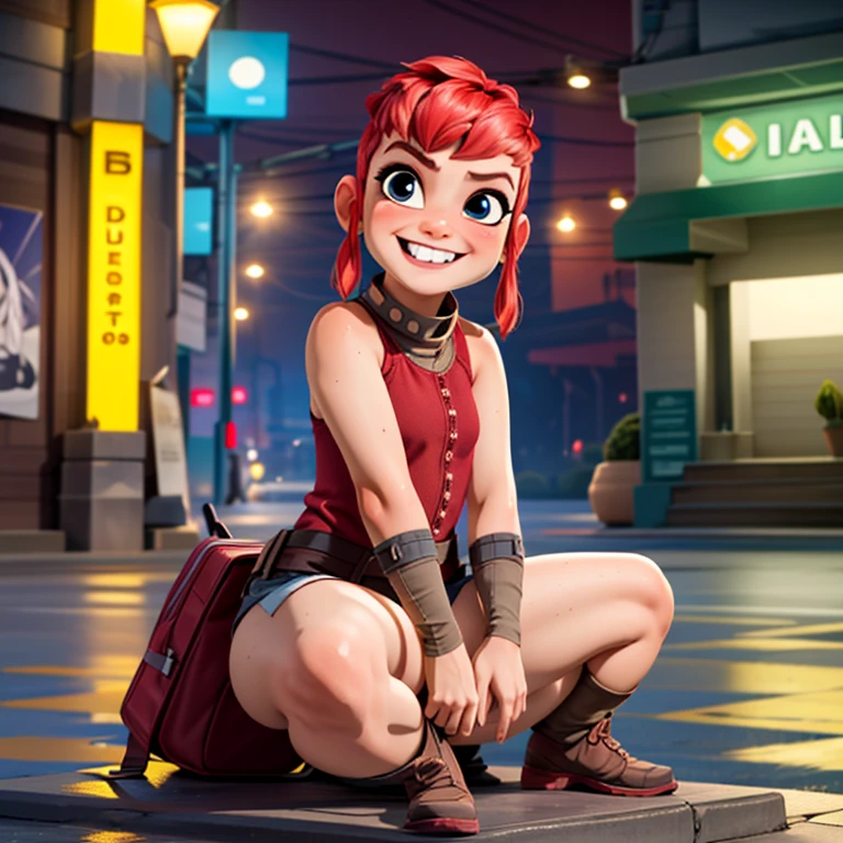 nimona, (best quality, masterpiece, 1girl, kid, solo,looking at viewer, red hair, cute mocking crazy face, smile, naughty), sharp, neon cyberpunk world background, sharp eyes, perfect eyes, rolling eyes, blush, nude body, full body, front view, looking on viewer , smiling, sitting on a bench , spread legs, flat torso ,chubby body, wide hips, pussy, shy, pussy juice , ass