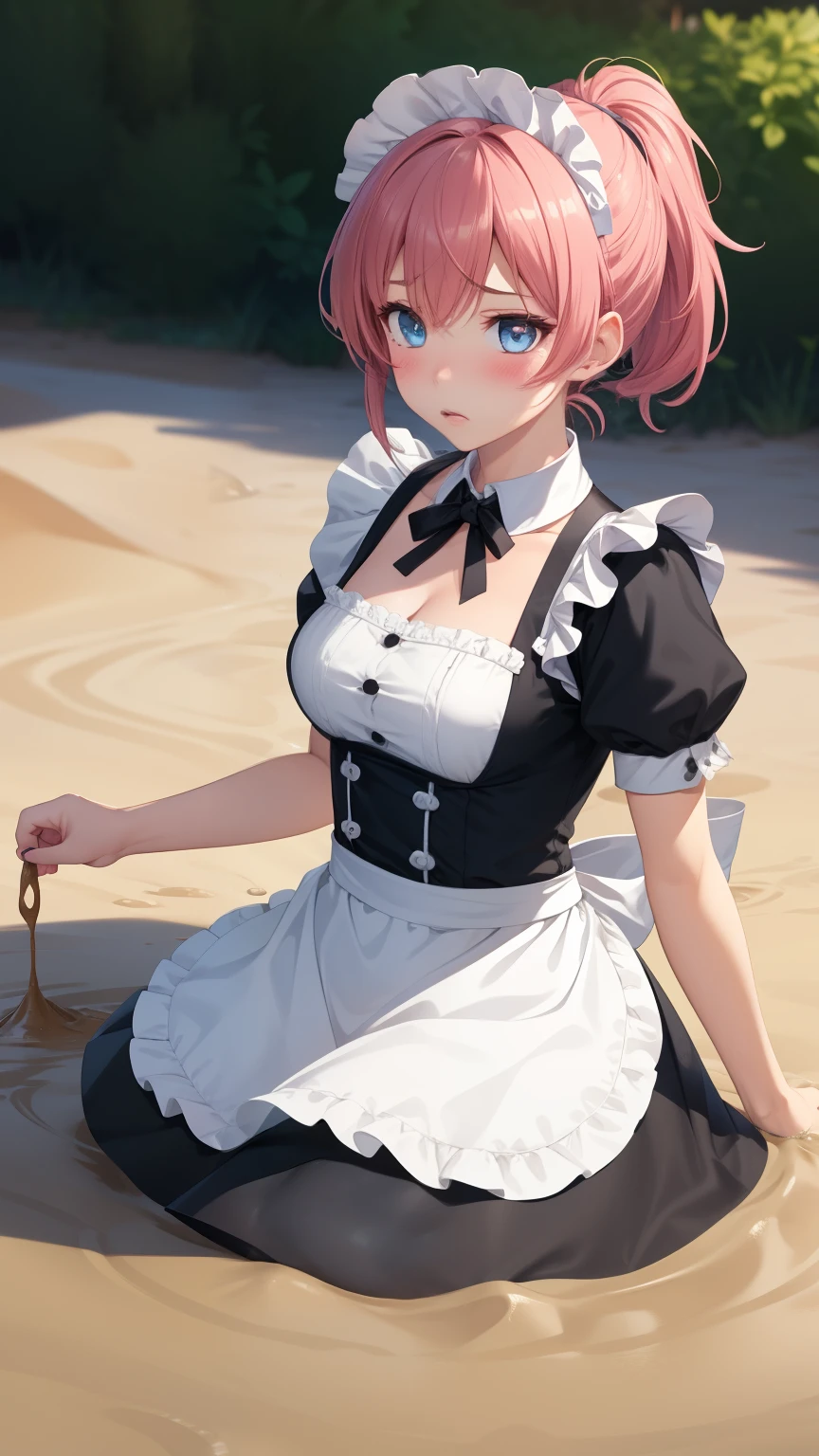 1girl, natural lighting, masterpiece, highly detailed, illustration, game CG, absurdres, high quality, aichan, large breasts, beautiful detailed eyes, medium bright pink hair, ponytail, bangs, glossy lips, blush, garden, upset, (quicksand:1.2), maid, short puffy sleeves, small maid apron