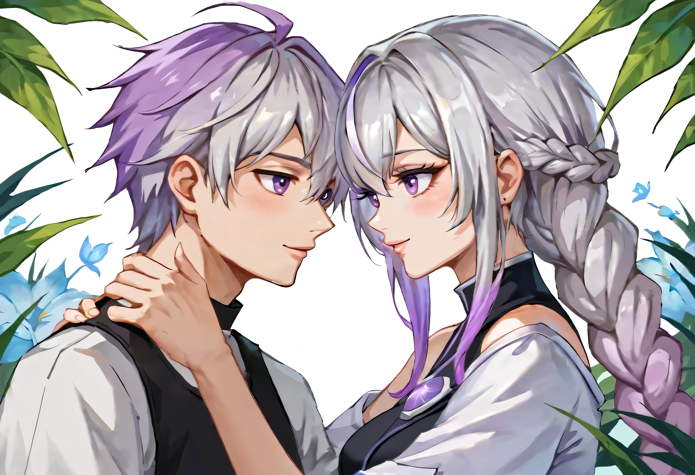 One man and one woman,couple,Gradient hair color,Silver-white metal decoration at the end of the braid,loving expression,Off-shoulder,To the devil,yinji,score_7_up,purple_hair,purple_Eye,Very_long_hair,grey_hair,Braided_Ponytail,Large target_breast,slope_hair,a cute girl and a boy in a Yinji-style garden, surrounded by vibrant flowers and lush greenery. The girl has beautiful detailed eyes and lips, with long eyelashes and a sweet smile. The boy is holding her hand affectionately, their faces filled with happiness and love. The garden is filled with the fragrance of blooming flowers, and the sunlight filters through the leaves, creating a warm and magical atmosphere. The scene is captured in a high-quality, ultra-detailed medium, resembling a vivid painting or a professional photograph. The colors are vibrant and dreamy, with a touch of pastel tones to enhance the overall artistic feel. The lighting is soft and gentle, casting a warm glow on the couple, highlighting their romantic connection.