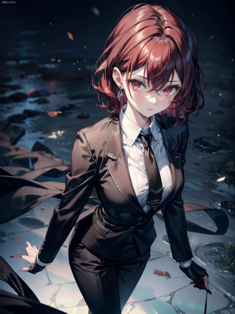 Black gloves, Formal suit, tie, Jacket, pants, big tits,absurdres, RAW photo, extremely delicate and beautiful, masterpiece, Best Quality, ultra high resolution, 32k, hyperrealistic, ultra-detailed, detailed description, pale skin, 20 years old, tearful mole, earring, short medium hair, wavy hair, whole body shot, Redhead, Red eyes,