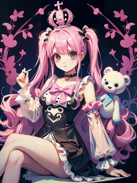 perona, onepiece, wearing a crown, pink twin tails, long hair, have a stuffed bear, kumasi,  there are white transparent hologho...