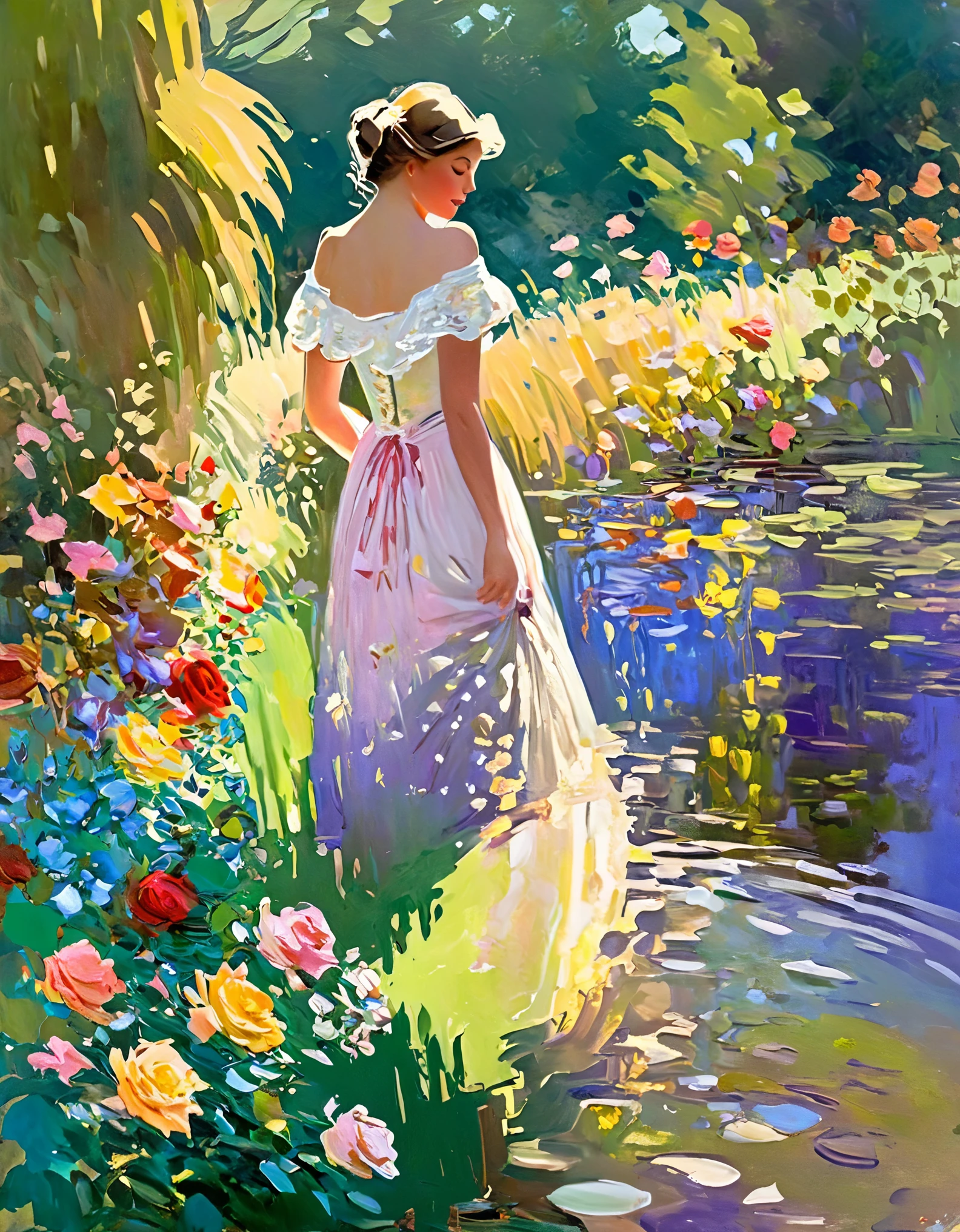 In a garden, a girl wearing a flowing dress is standing by a pond. She gazes at the water, captivated by the colorful reflections of the delicate flowers on its surface. The garden is filled with vibrant blooms, including roses, lilies, and sunflowers, creating a picturesque scene. The girl's eyes are beautifully detailed, with long eyelashes that enhance her mesmerizing look. Her lips are also detailed, adding to the overall charm and grace of her appearance. The sunlight gently illuminates her face, casting soft shadows and giving her skin a photorealistic glow. As the wind rustles through the trees, the leaves dance in the air, creating a sense of movement and vitality. The painting is done in a Claude Monet style, with the brushstrokes capturing the play of light and color in a dreamlike manner. The colors are vivid and vibrant, evoking a sense of joy and tranquility. The overall image quality is of the best quality, with ultra-detailed elements that allow the viewer to appreciate every intricate detail. The scene is bathed in warm tones, with a slight golden hue that adds a touch of nostalgia. The lighting is natural and soft, casting gentle shadows and highlighting the textures of the garden and the girl's dress. The result is a masterpiece of art, a stunning representation of nature's beauty and the timeless allure of impressionist paintings.