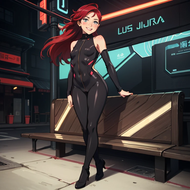 nimona, (best quality, masterpiece, 1girl, solo,looking at viewer, red hair, cute mocking crazy face, smile, naughty), sharp, neon cyberpunk world background, sharp eyes, perfect eyes, rolling eyes, blush, nude body, full body, front view, looking on viewer , smiling, by a bench, flat torso ,chubby body, wide hips, pussy, shy, pussy juice, curvy legs 