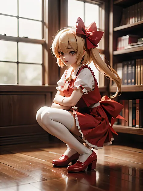 Flandre Scarlet、Touhou Project、Young、lovely、White Knee Highs、Crouch、slender、Drawers、Red Shoes、library、Western-style building