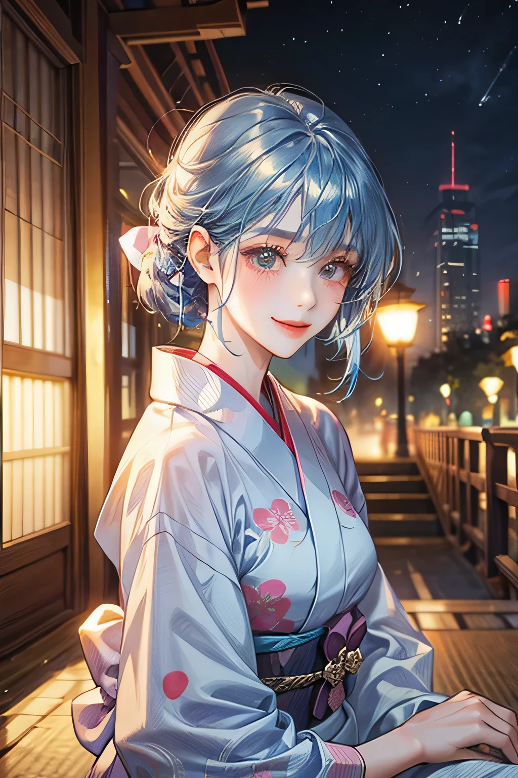 Best Quality,Girl in yukata,smile,Blue Hair