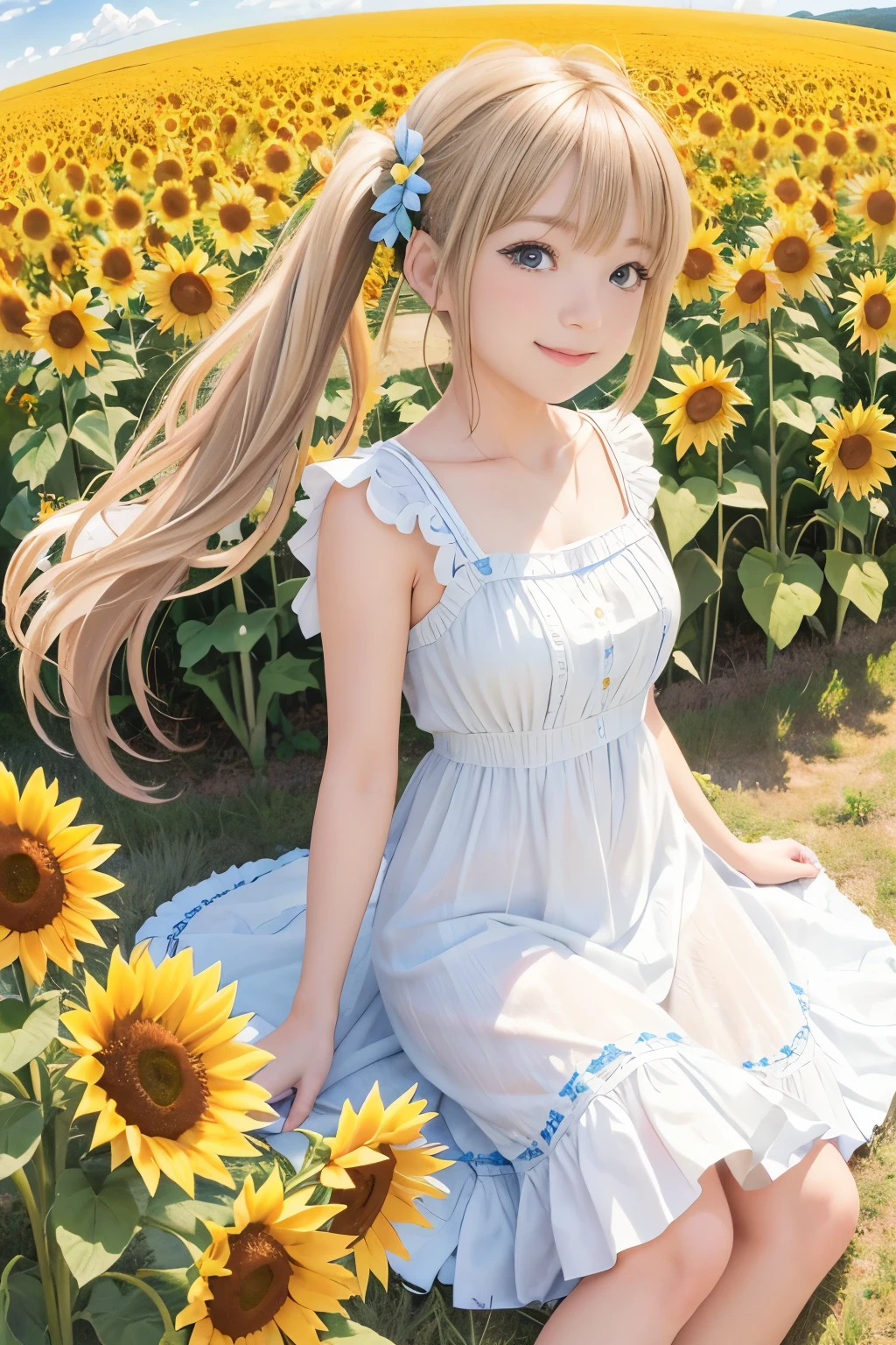 (8k, RAW Photos, Realistic, photo-Realistic:1.5), masterpiece, highest quality, High resolution, Very detailed, Detailed Background, Cinema Lighting, Dynamic Angle, Lens flare, dramatic, One girl, pretty girl, alone, Wind, Light blonde hair, blue eyes, Very long twin tails, White Hat, blue null, smile, Flying petals, flowery Field, null, sunflower, sun, Field, Fractal Art,Nude Ruffle Summer Dress