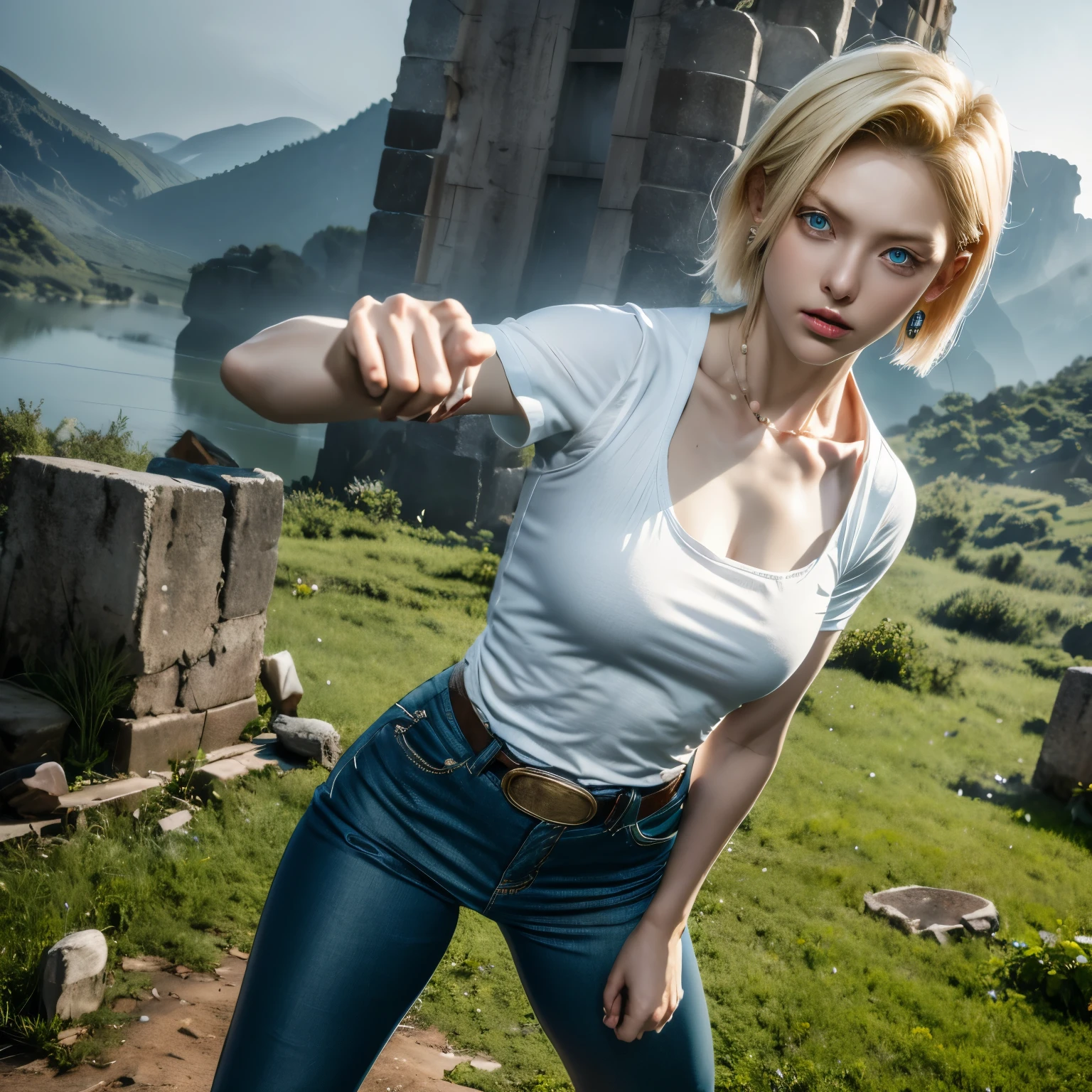 best quality, high-res, and18, 1girl, android 18, solo, blonde hair, blue eyes, belt, green jeans, pearl necklace, bracelets, black gloves, white shirt, short hair, short sleeves, earrings, green leggings, open vest, black vest, medium breasts, cowboy shot, battle ruins, straight-on, mountain view, (weather: rainy), angry face, combat stance, wide hips, torn, clothes,