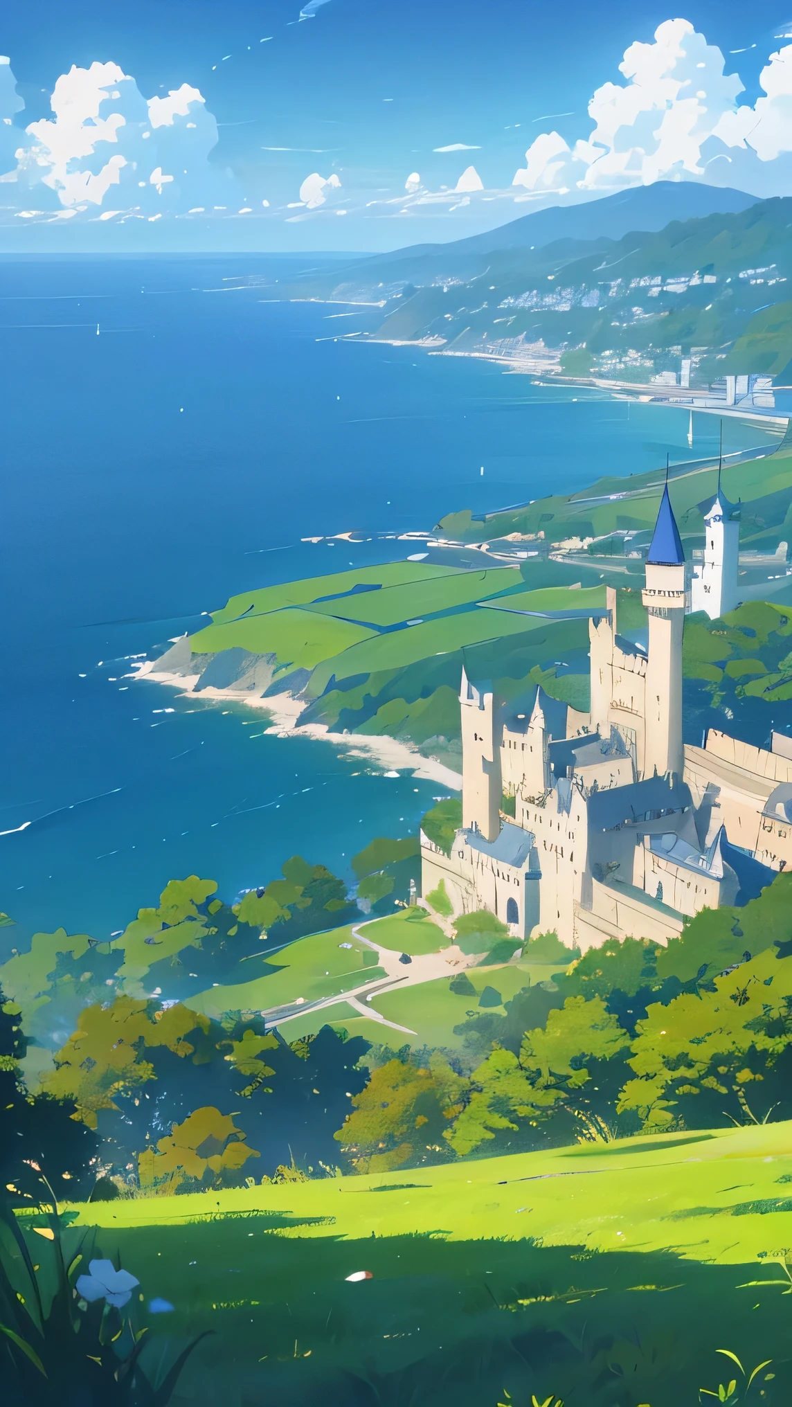 Ein Schloss am Meer, der Rand einer kleinen Klippe, ein Weitwinkel, ein strahlender Frühling, eine weite grüne Ebene, Makoto Shinkai _ Miyazaki Hayao _ Shin Haisei _ Miyazaki Der Geruch _ Japanischer Manga _