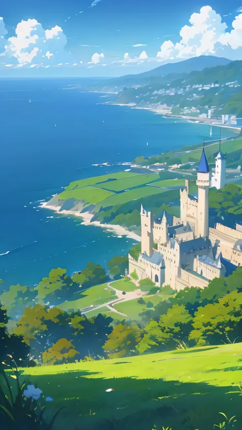 A seaside castle, the edge of a small cliff, a wide Angle, a bright spring, a vast green plain, Makoto Shinkai _ Miyazaki Hayao ...