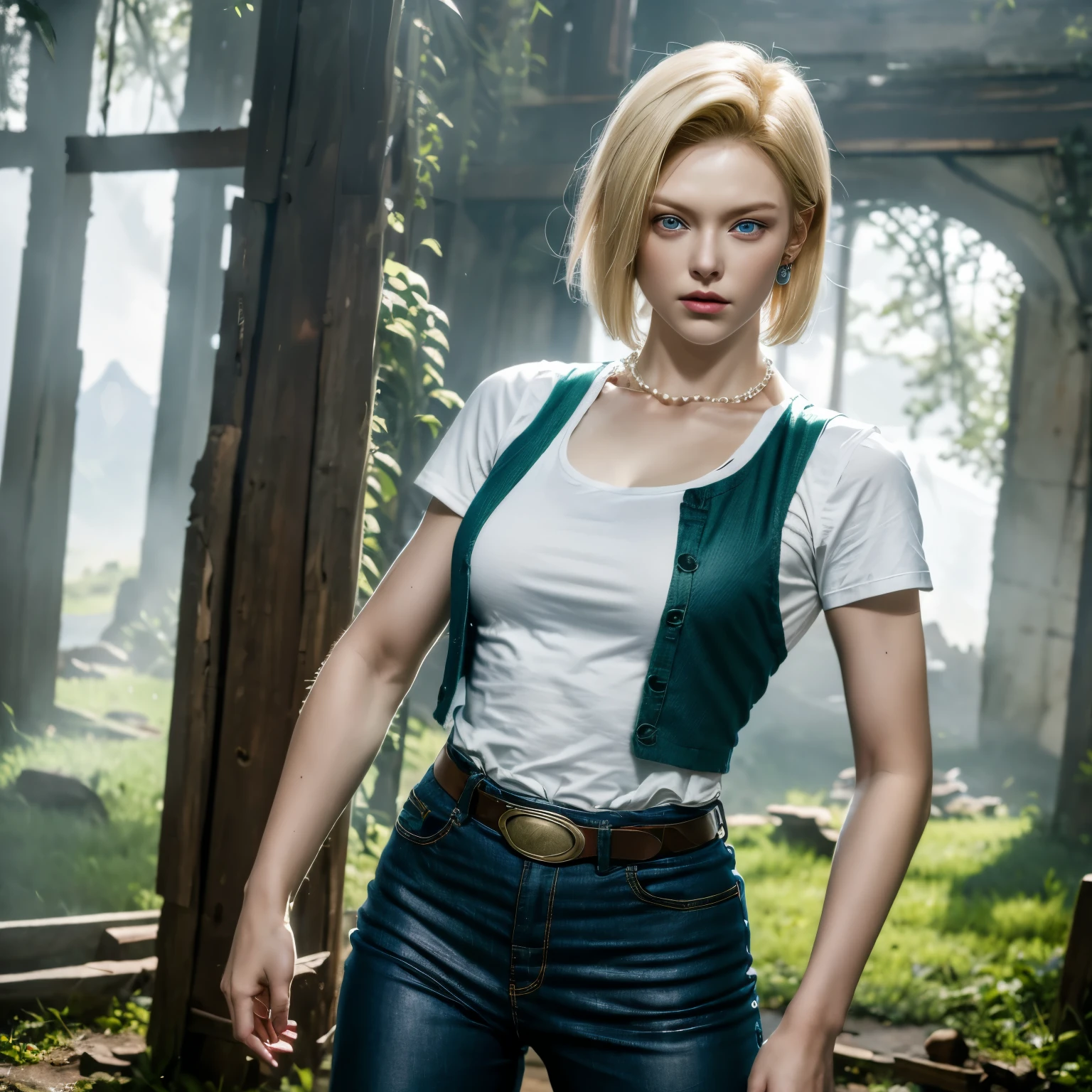 best quality, high-res, and18, 1girl, android 18, solo, blonde hair, blue eyes, belt, green jeans, pearl necklace, bracelets, black gloves, white shirt, short hair, short sleeves, earrings, green leggings, open vest, black vest, medium breasts, cowboy shot, battle ruins, straight-on, mountain view, (weather: rainy), random expresion, combat stance, wide hips, torn, clothes,