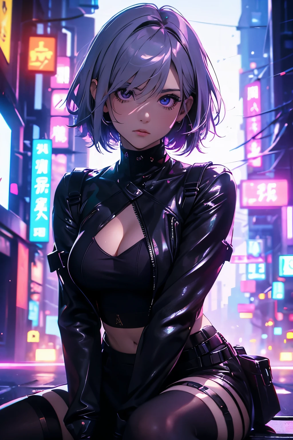 (ultra-realistic, highres, best quality, 4k, professional, cowboy shot), an image of a character sitting in a neon lit area, beauty eyes, sharp eyes. Her Asymmetric Pixie hairstyle, silver hair, short hair, and left-facing bangs with red highlights make her stand out. in the style of pastel goth, chinapunk, cryptid academia, album covers, cityscape, dark purple and black, onii kei. Bokeh Petzval Background.