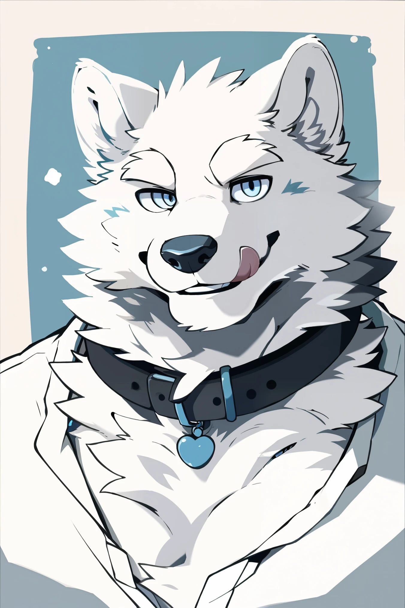 (snow wolf), Anthropomorphic white wolf, solo, (Pure white face), (all white fur:1.5), (Collar), (Perfect blue eyes:1.4), （artist:Takemoto Arashi）, twitchemote, Mature face, elder, Clear facial details, glint, Side of the character, Look at the camera, longeyelashes, fang, seductive smile, White shirt, Exposing the chest, licking lips, ((Show upper body)), ((bust)), Full body portrait, Tonalism, head out of frame, outside border, tachi-e, high details