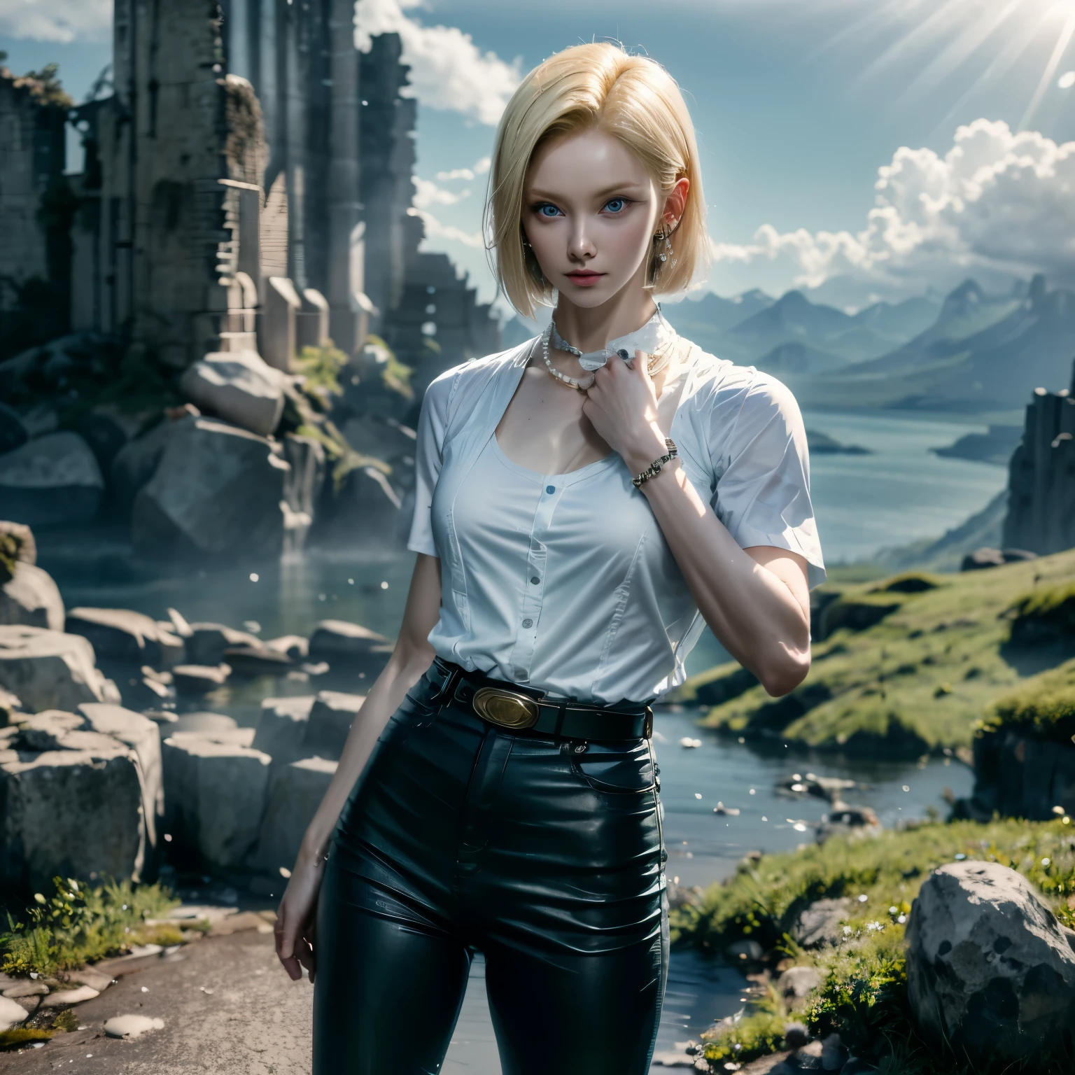 best quality, high-res, and18, 1girl, android 18, solo, blonde hair, blue eyes, belt, green jeans, pearl necklace, bracelets, black gloves, white shirt, short hair, short sleeves, earrings, green leggings, open vest, black vest, medium breasts, cowboy shot, battle ruins, straight-on, mountain view, (weather: rainy), random expresion, combat stance, wide hips, torn, clothes,