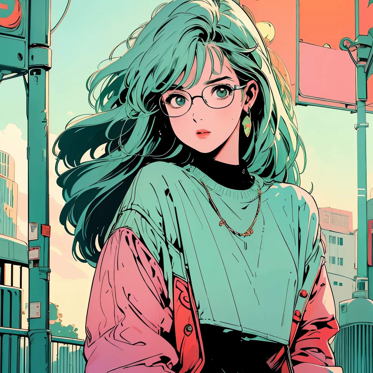 whole body, Upper Body、One beautiful woman, 4k, Warm colors , White blouse、skirt, pedestrian crossing、Signal, 、intersection、Complex background、Pale green hair、Wearing glasses