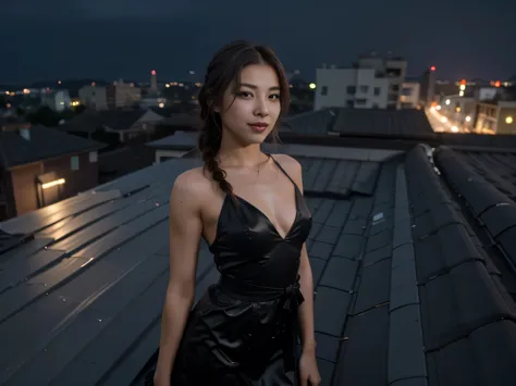 (((perfect anatomy))),alone,Ulzan 65000,Gravure shooting on the roof of a building at night when the moon is beautiful,A slim an...