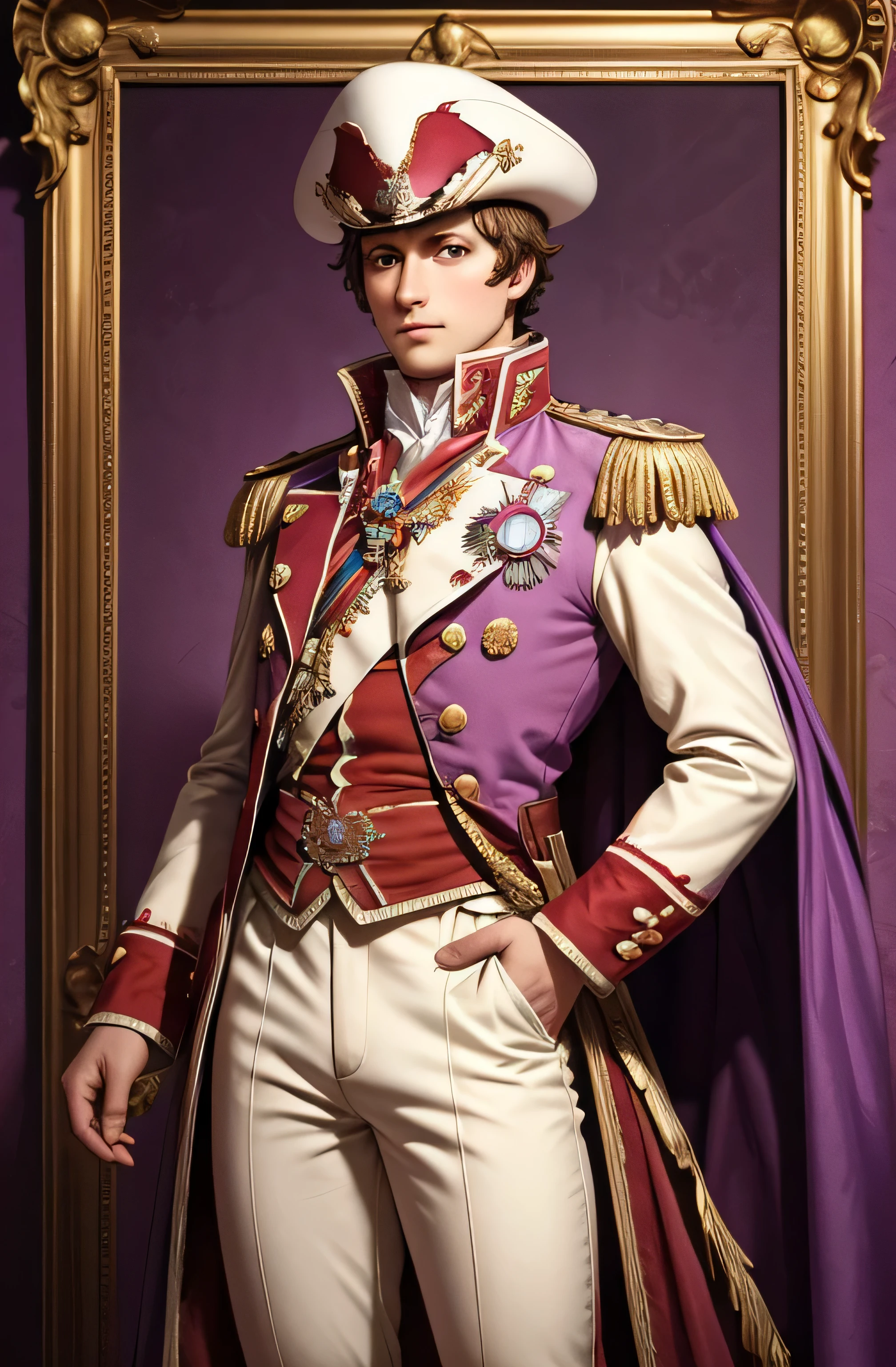 Napoleon Bonaparte, detailed representation of the face, detailed colorful background, light aura, best image, high resolution, half body shot, facing the viewers, colorful background pink or violet, half body shot, full body shot, cowboy shot