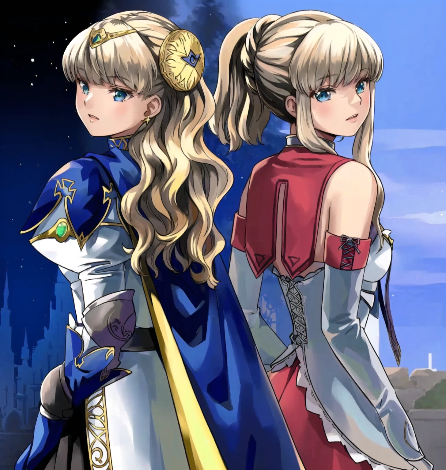 Two anime girls in long dresses standing next to each other, destiny / Stay Night, destiny Stay Night, Griffith, Rhodes, jRPG character art, Two beautiful anime girls, anime style like destiny/Stay Night, from berserk, Coriolios RPG Art Style, Final Fantasy Tactics characters, Official Art, Fire emblem, Game Art!!, twins