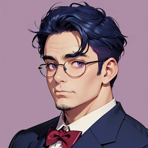 bust shot, middle aged man, 60 years old , navy blue hair, round glasses, Purple suit, red bow tie, round face shape, plump body type, purple eyes