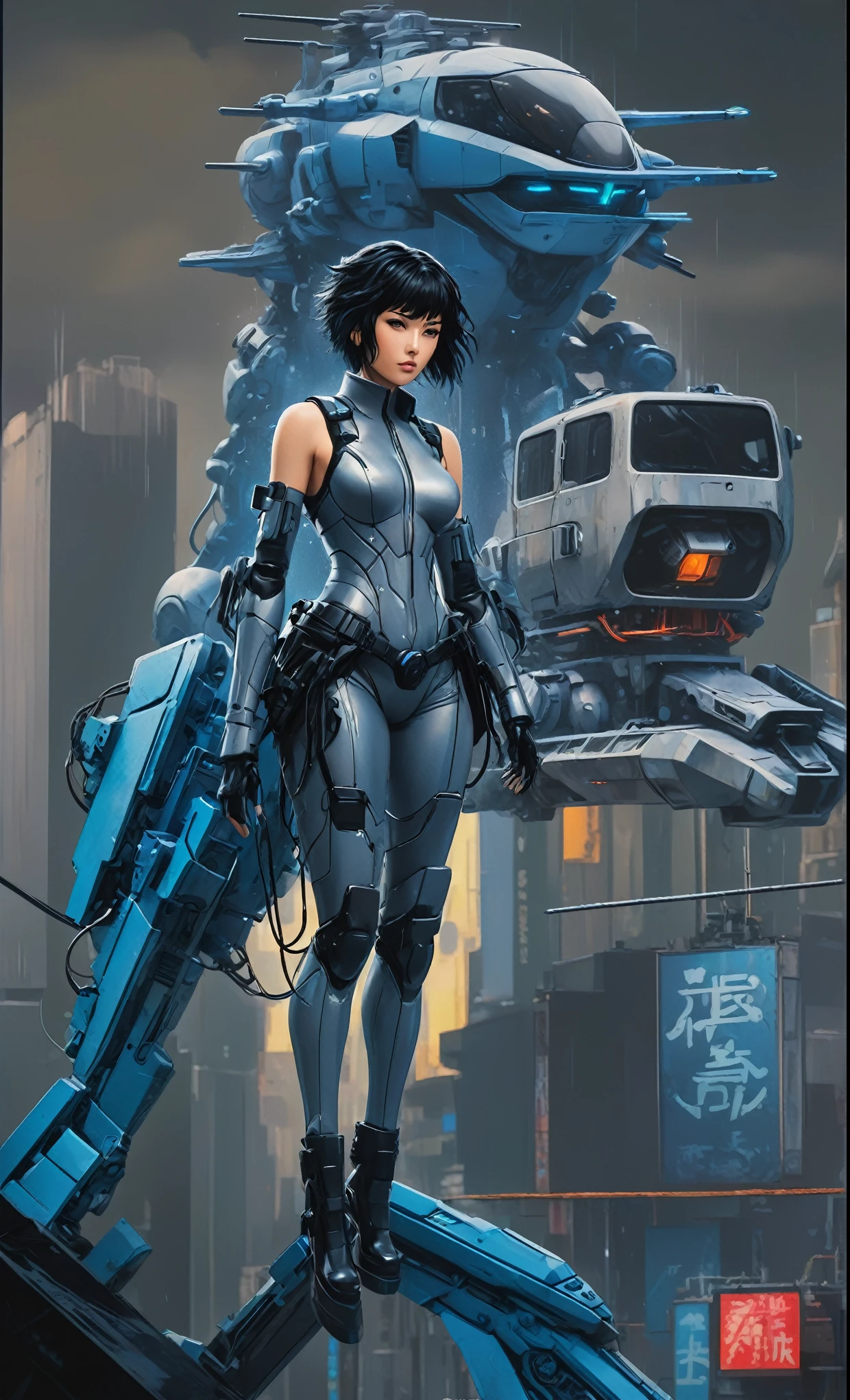 Ghost in the Shell Vol.2, by Luis Duarte, Luis Duarte style, blue and black shading, Neo-Tokyo style, Element Air, Mythpunk, Graphic Interface, Sci-Fic Art, Dark Influence, NijiExpress 3D v3, Kinetic Art, Datanoshing, Oilpainting, Ink v3, Splash style, Abstract Art, Abstract Tech, Cyber Tech Elements, Futuristic, Illustrated v3, Deco Influence, AirBrush style, drawing